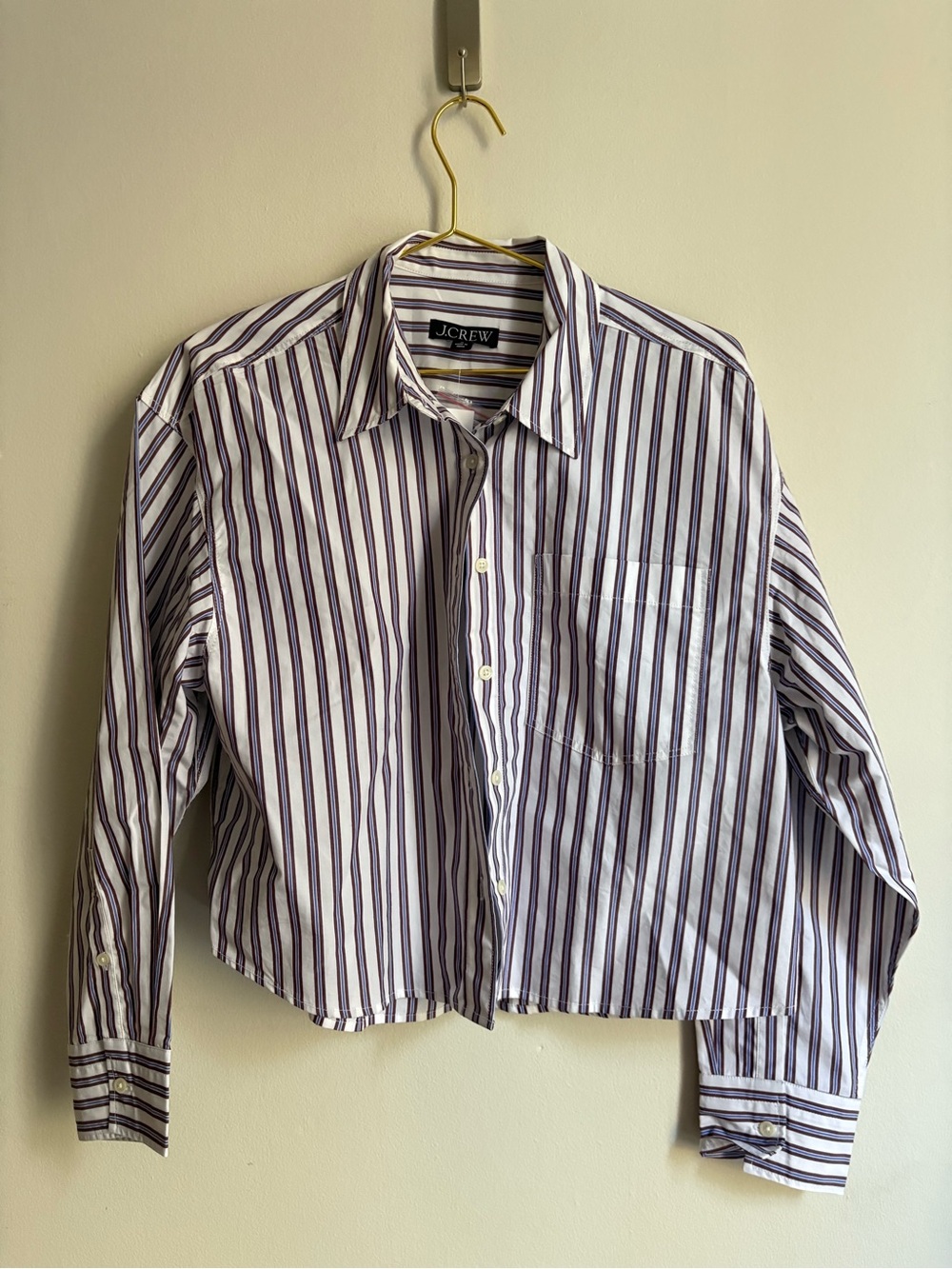 NWT J. Crew Cropped Boxy White Button-Down Shirt with Purple Stripes - Picture 1 of 5